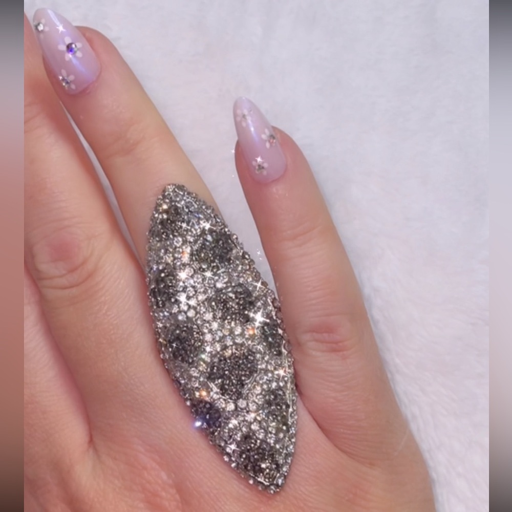 Silver Sparkle Long Cocktail Ring - stretchy